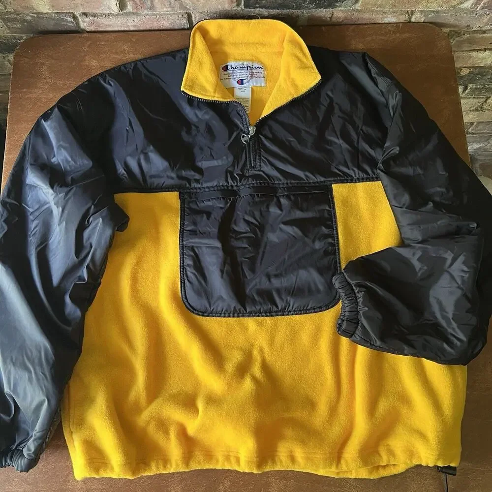 Vintage Yellow Black Champion Fleece Jacket Size XL Mountaineers Kangaroo Pouch